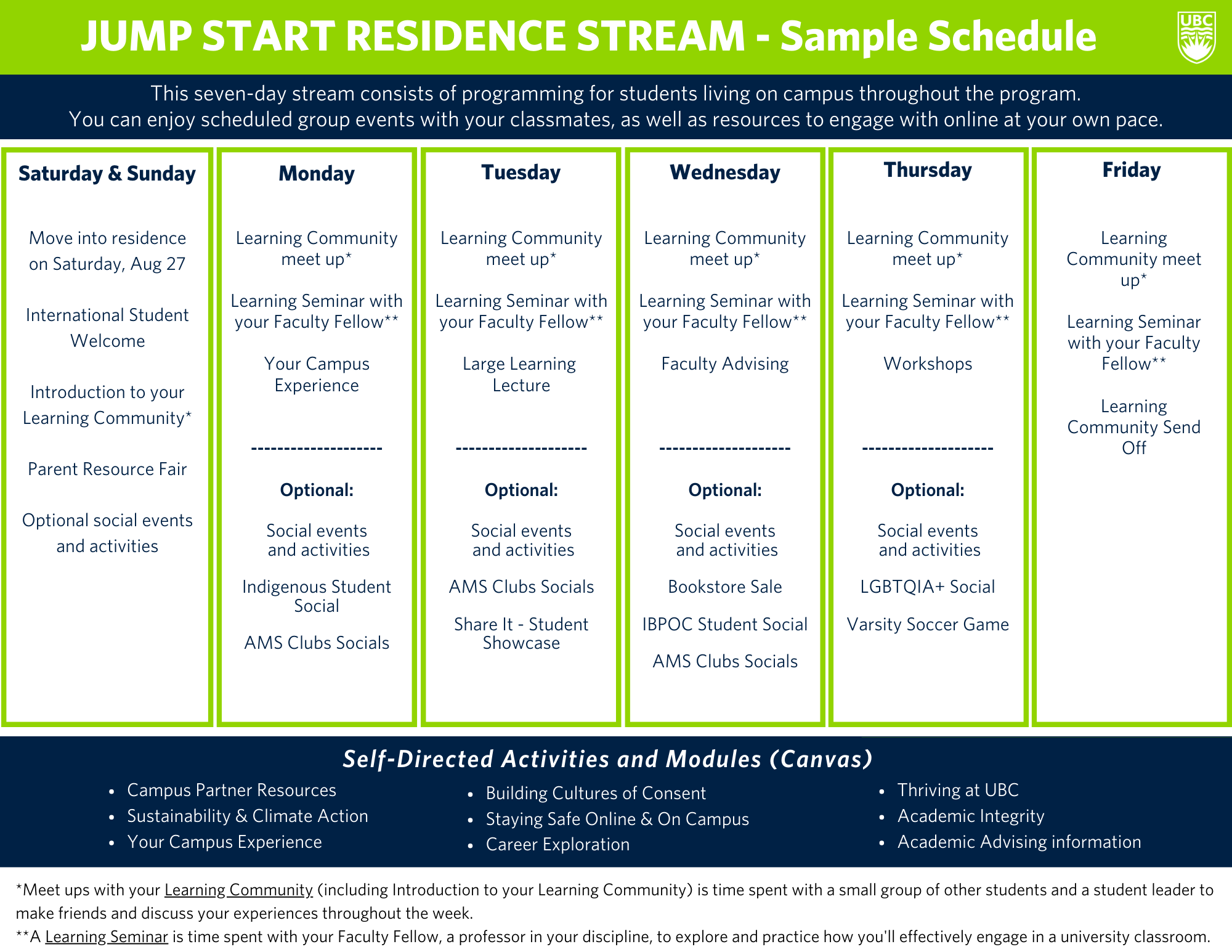 Sample Jump Start Vancouver schedule for students living in residence