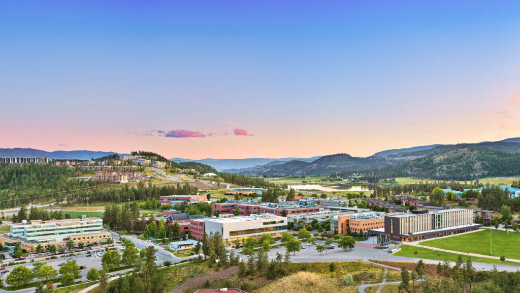 Okanagan campus aerial photo, taken at sunrise